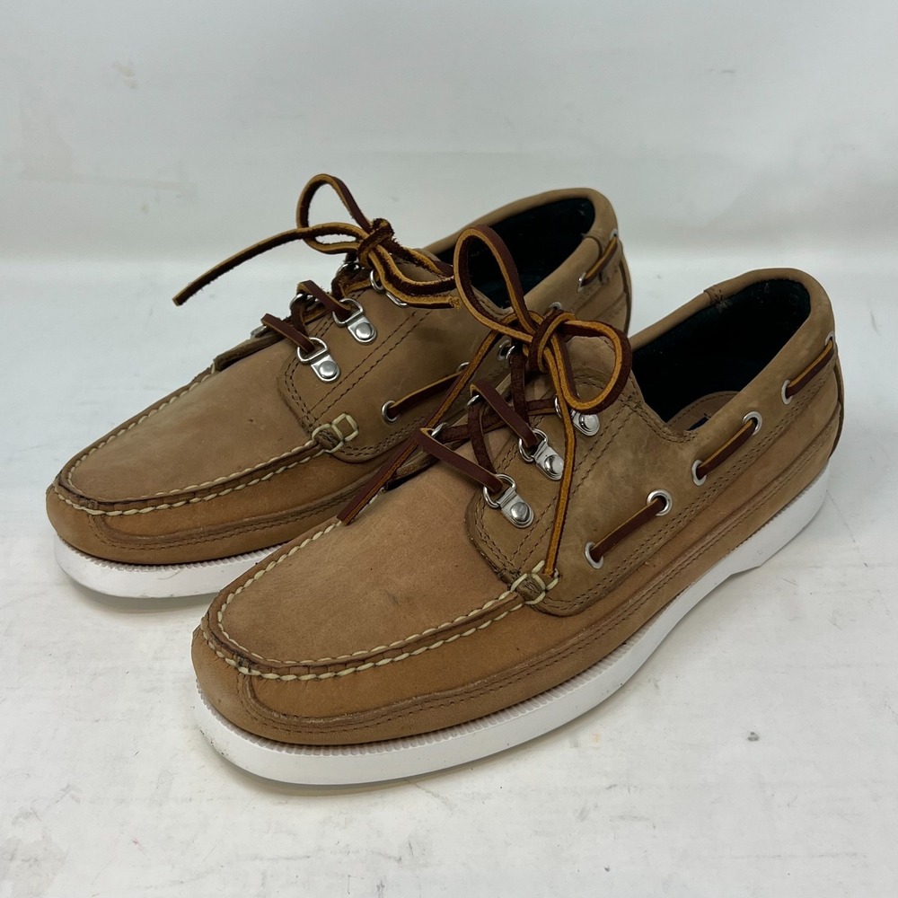 Polo Sport Ralph Lauren Boat Shoes Tan Leather Moc Toe Beige Men's 8D VTG NEW - Picture 1 of 16